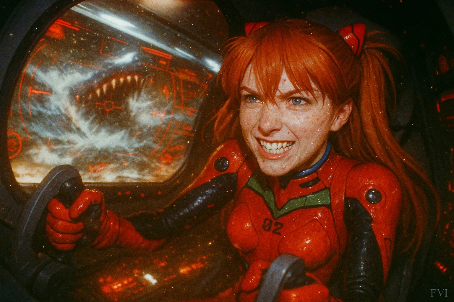 Red-suited pilot girl fiercely facing sea monster attack.